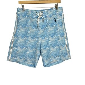 Tucann Mens Blue White Wave Print Swim Trunks Board Lined Shorts Pockets Large